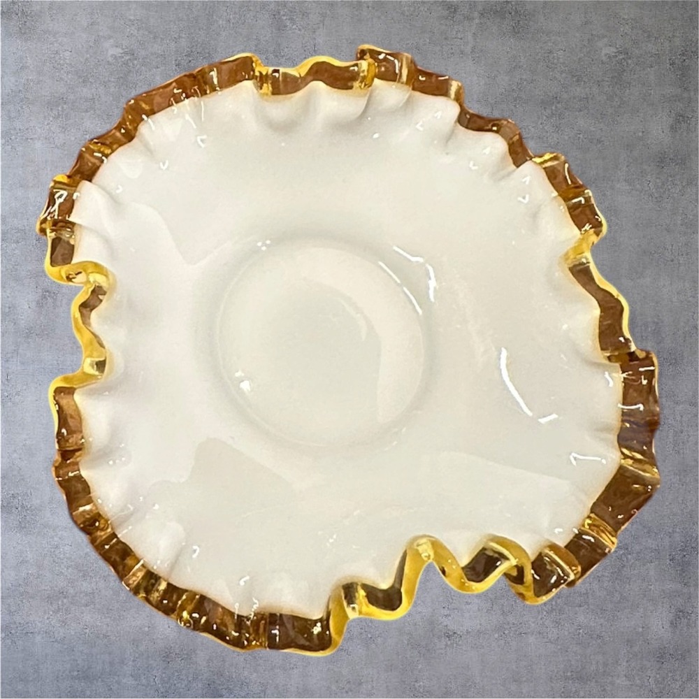 Fenton Ruffled Bowl Milk Glass‎ 6" White Amber Crest Vintage Decor